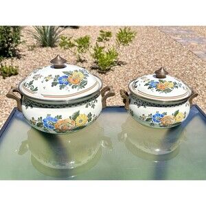 1960s ASTA Enamelware Dutch Oven Casserole 4 Qrt & 2 Qrt Brass Handles Floral